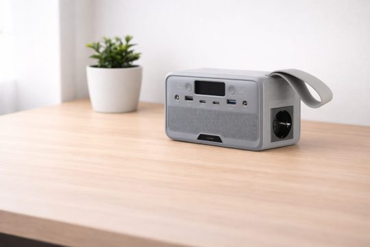 Fensterbank Solarkraftwerk am Tisch: revolt Solargenerator und Powerbank, Solar-Powerbank mit Steckdose