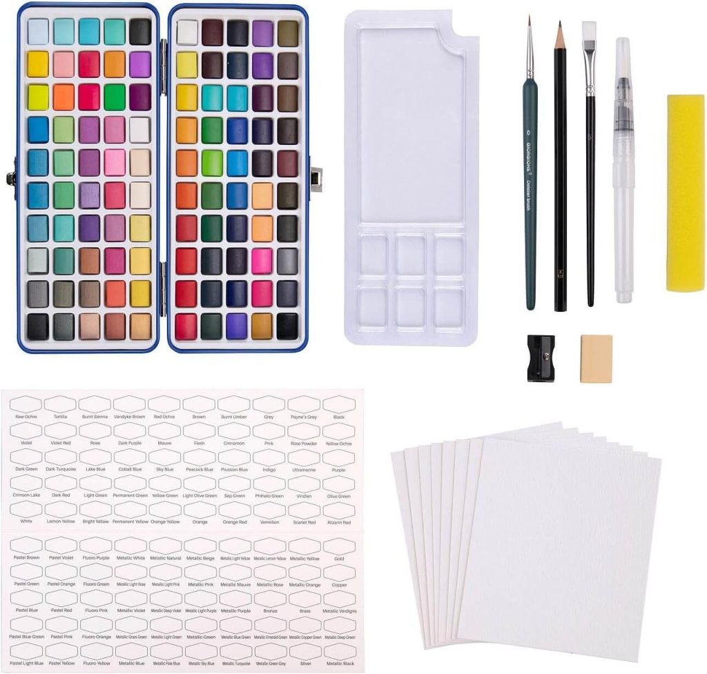 Das gesamte Set: Aquarellfarben kaufen kann so simpel aussehen und zu guten Resultaten führen.